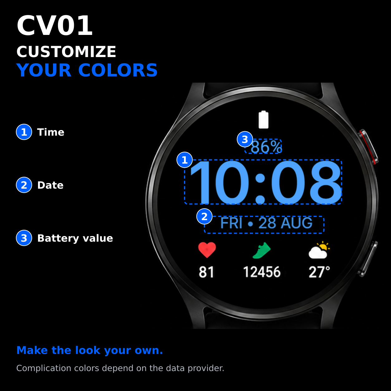 CV01 Essential — color customization for time, date and battery value