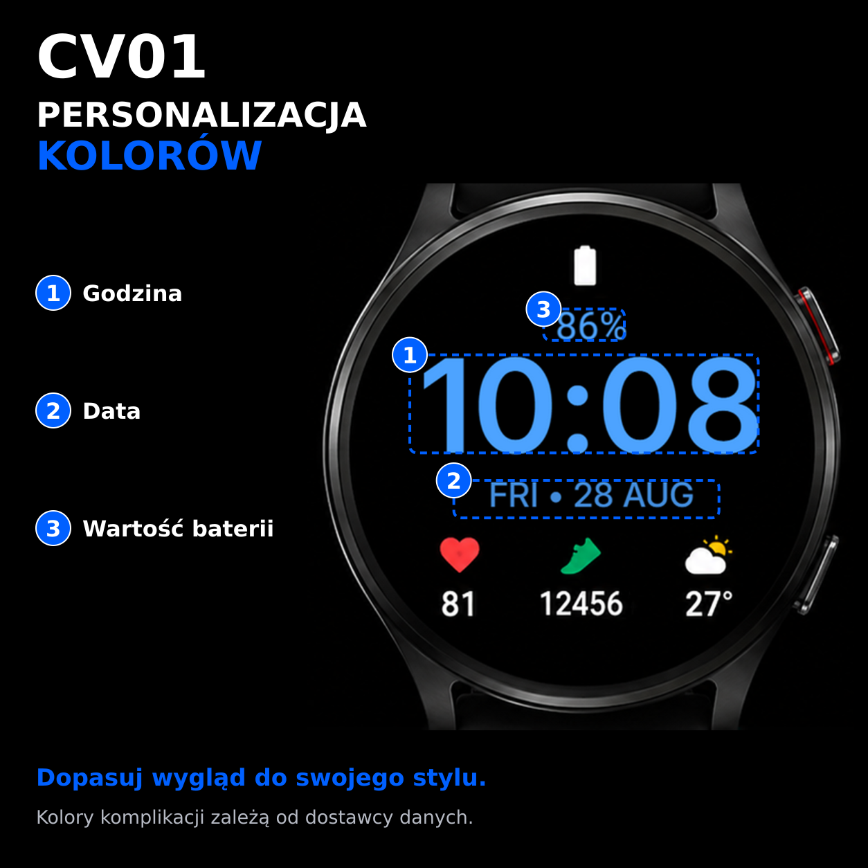 CV01 Essential — personalizacja kolorów godziny, daty i baterii
