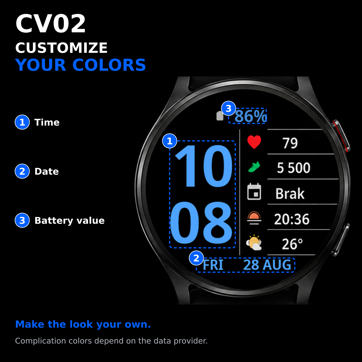 CV02 Split Max — color customization for time, date and battery value