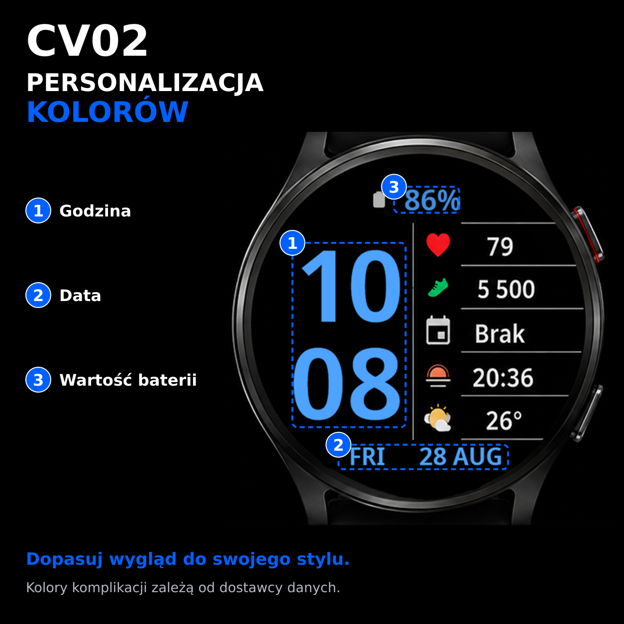 CV02 Split Max — personalizacja kolorów godziny, daty i baterii