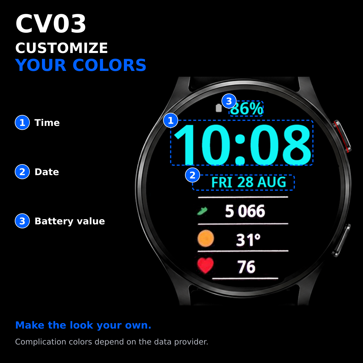 CV03 Split Focus — color customization for time, date and battery value