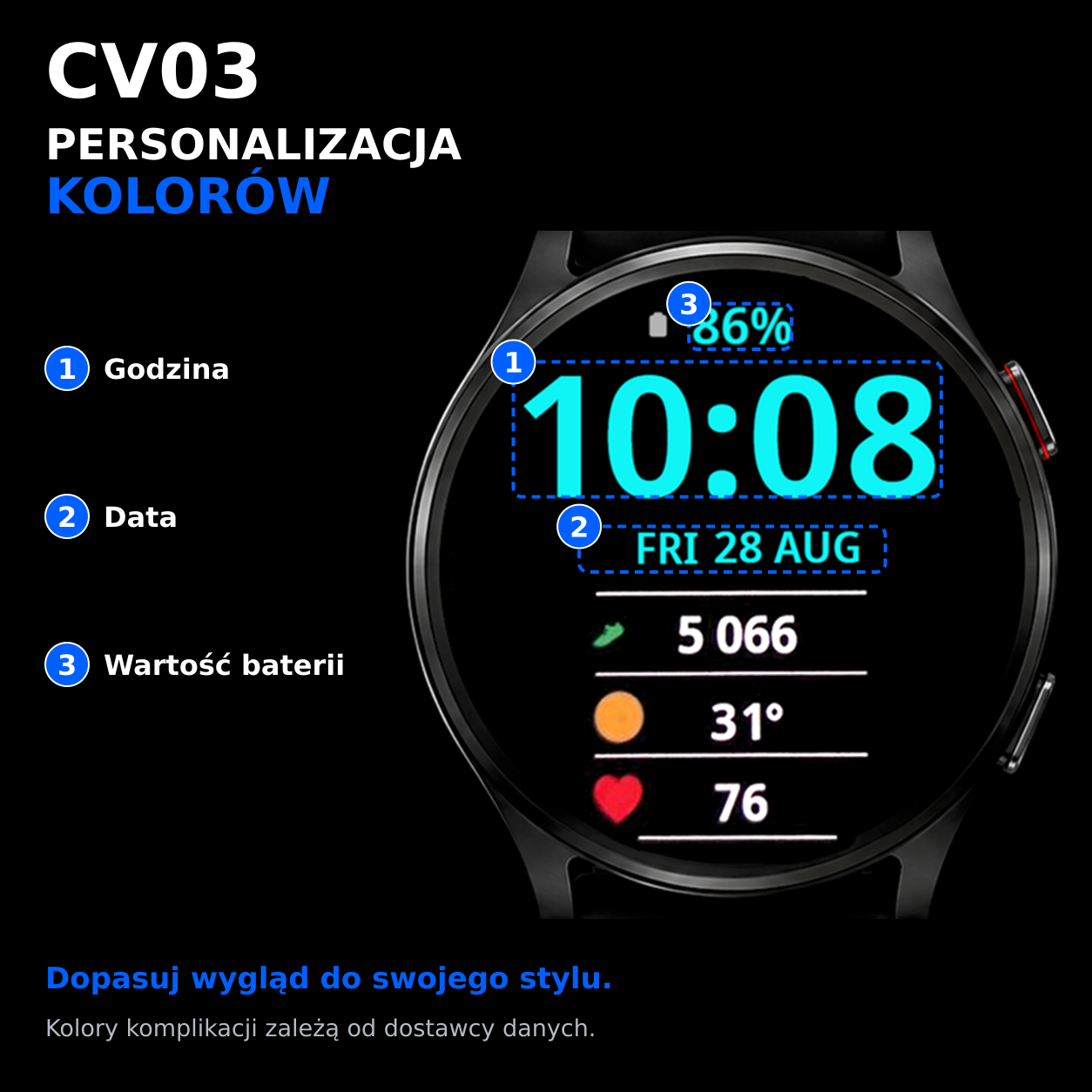 CV03 Split Focus — personalizacja kolorów godziny, daty i baterii