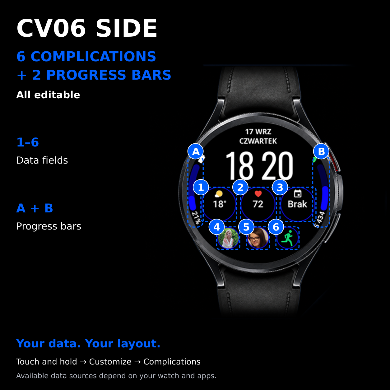 CV06 Side — 6 editable complications and 2 editable progress bars