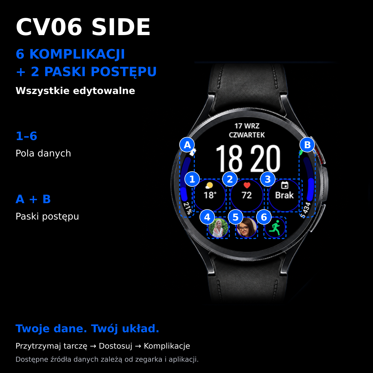 CV06 Side — 6 edytowalnych komplikacji i 2 edytowalne paski postępu