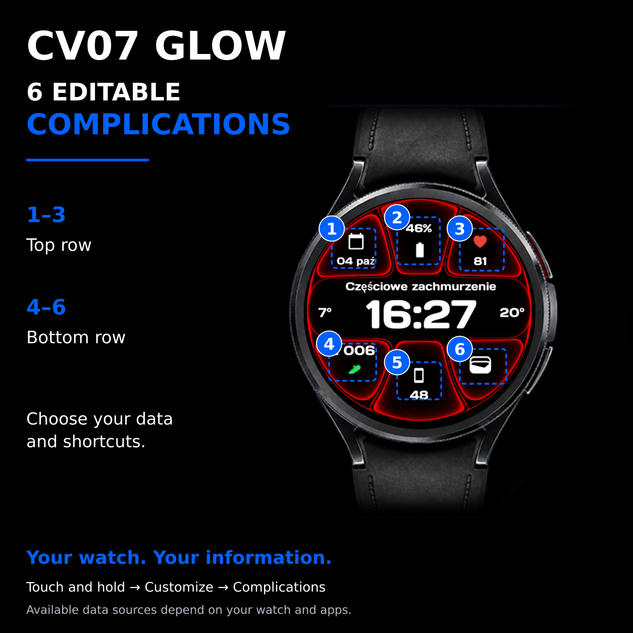 CV07 Glow — 6 editable complications, three above the clock and three below