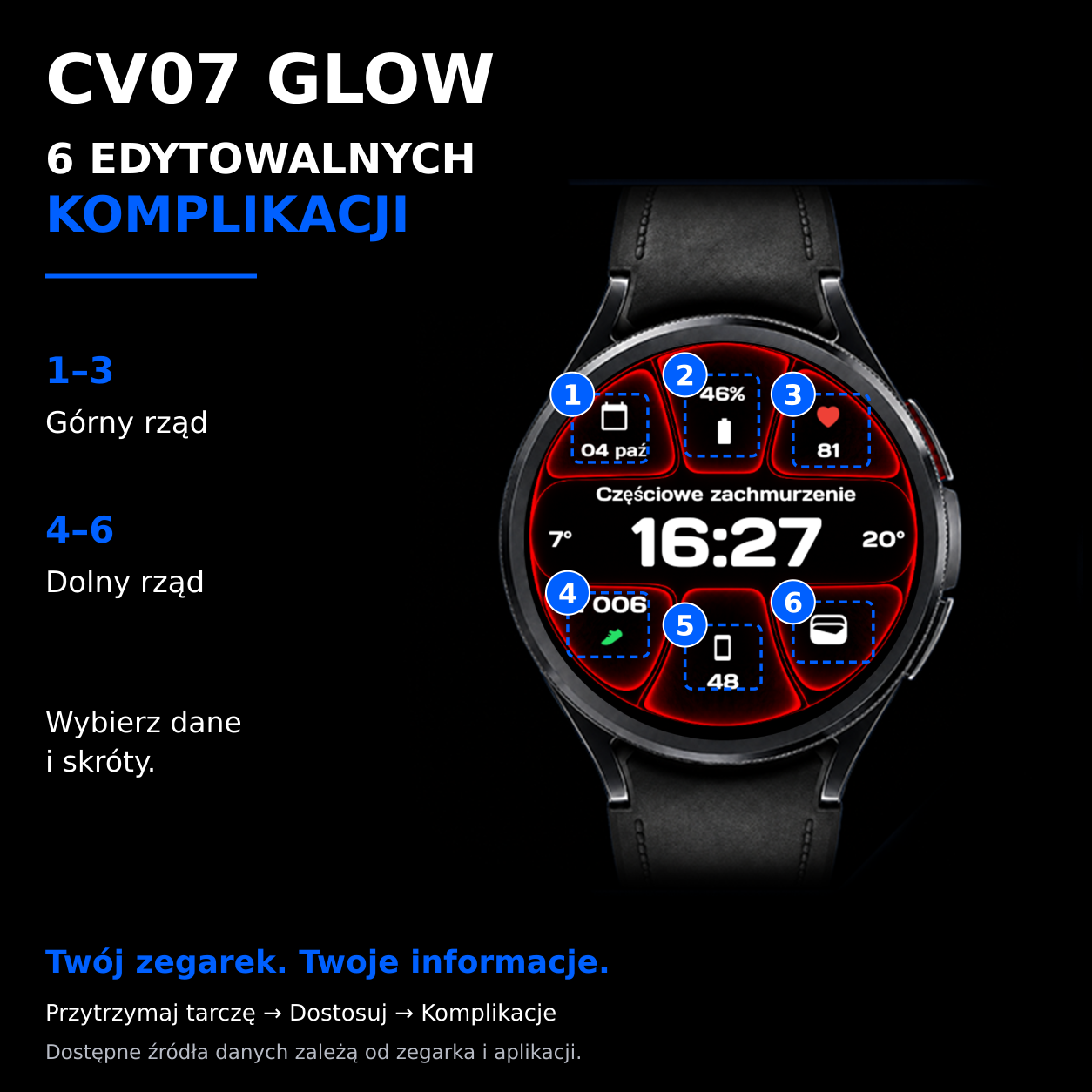 CV07 Glow — 6 edytowalnych komplikacji, trzy nad godziną i trzy pod nią